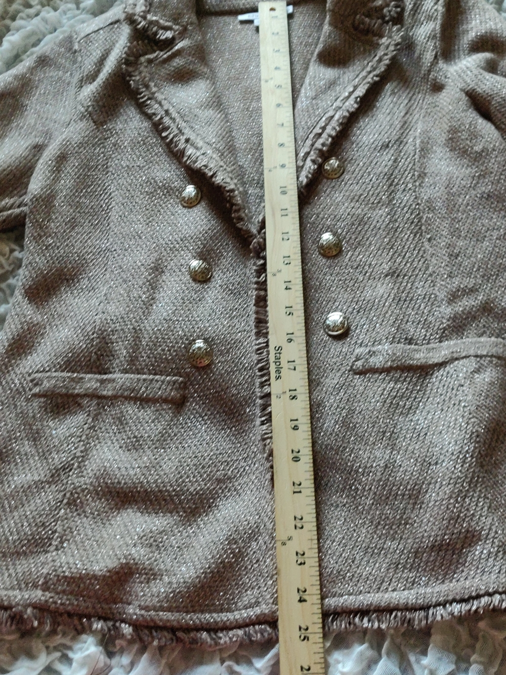 Chico's Shimmery Taupe Tweed Frayed-Edge Faux Double-Breasted Blazer - Picture 16 of 16
